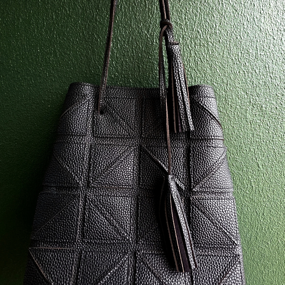 Textured Black Faux Leather Shoulder Bag with Tassel Accent